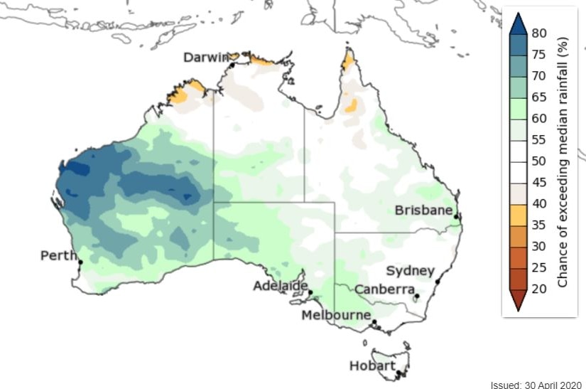 Graphic showing predicted rainfall pattern sweeping across Western Australia May 11-24
