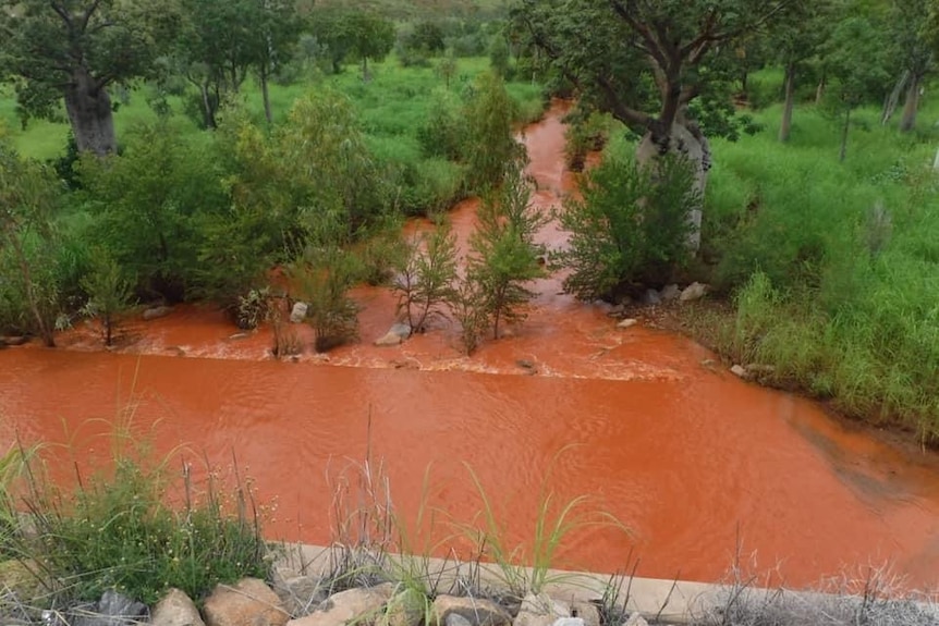 a creek that's turned bright red due to a iron ore spill