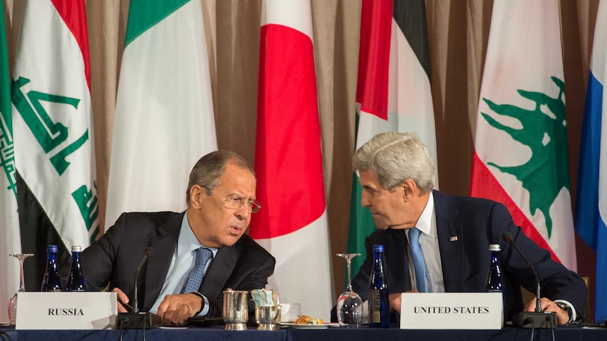 Sergei Lavrov and John Kerry at the International Syria Support Group meeting in New York