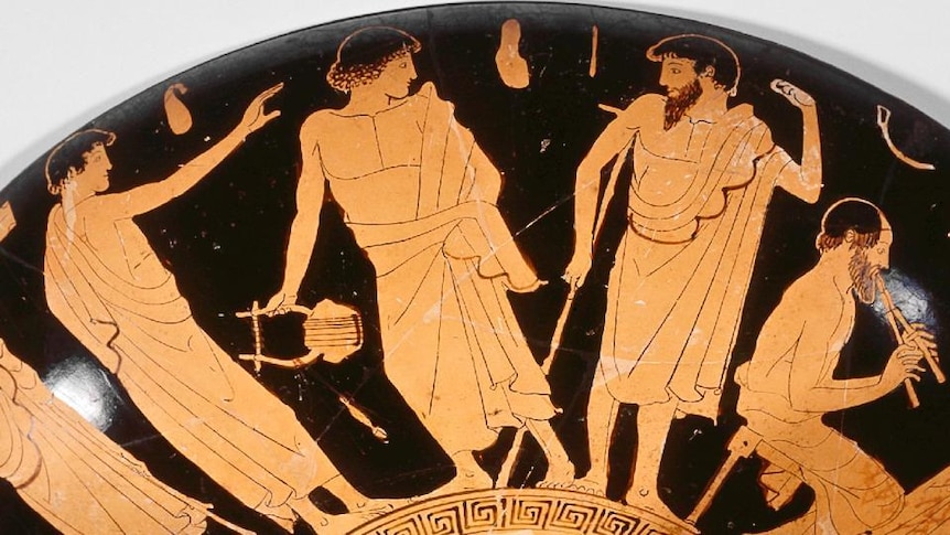 Plate from ancient Greece with decorative figures depicted