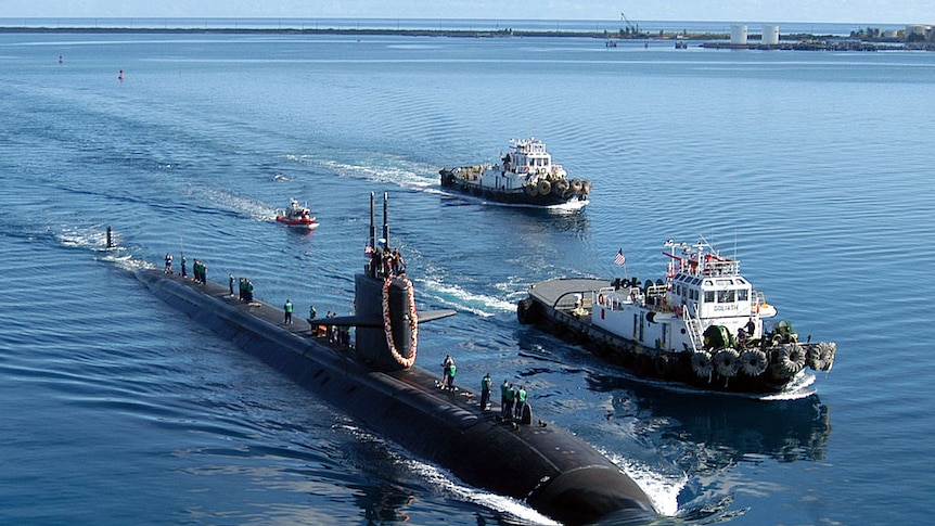 An American nuclear submarine in the water