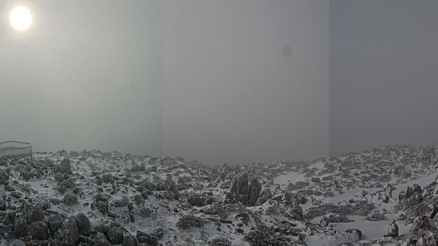 Snow covers rocky ground.