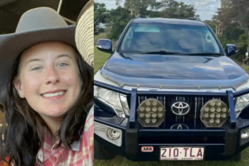 A smiling young woman in a hat, next to an image of a blue Toyota Prado with registration 210 TLA