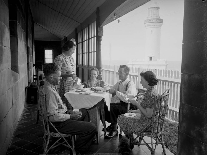 A family having tea at a lighthouse keeper cottage in the 1930s