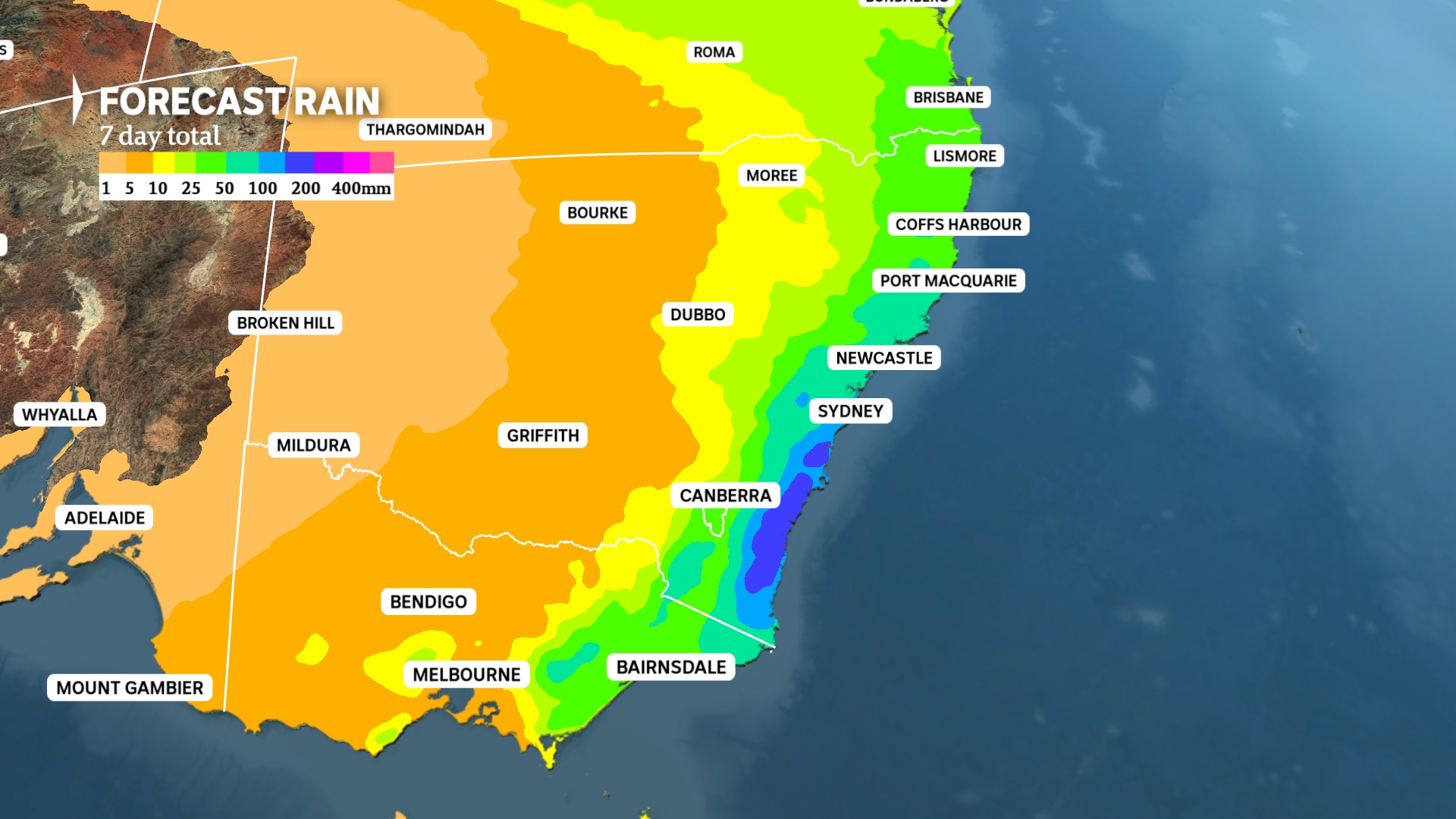 Um gráfico meteorológico para Nova Gales do Sul mostrando mais de 100 mm de chuva é possível nas partes orientais.