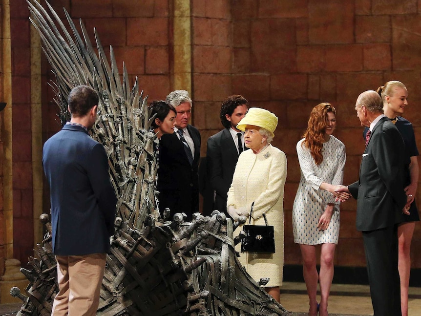 The Queen and Prince Philip on the set of Game of Thrones.