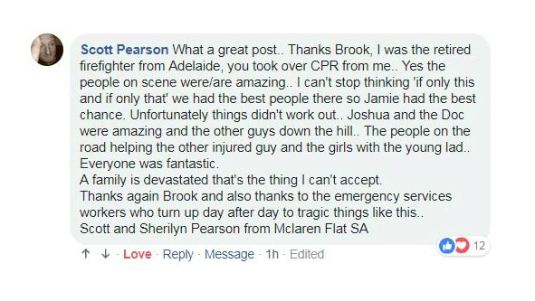 Screenshot of a moving facebook post from a retired firefighter on the scene of a fatality.