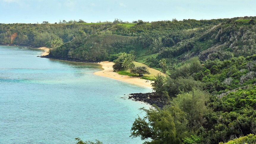 A wide view of a small beach and green hills behind it.