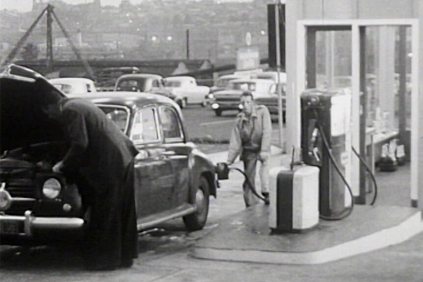 A petrol station in an Australian city in the 1960s.