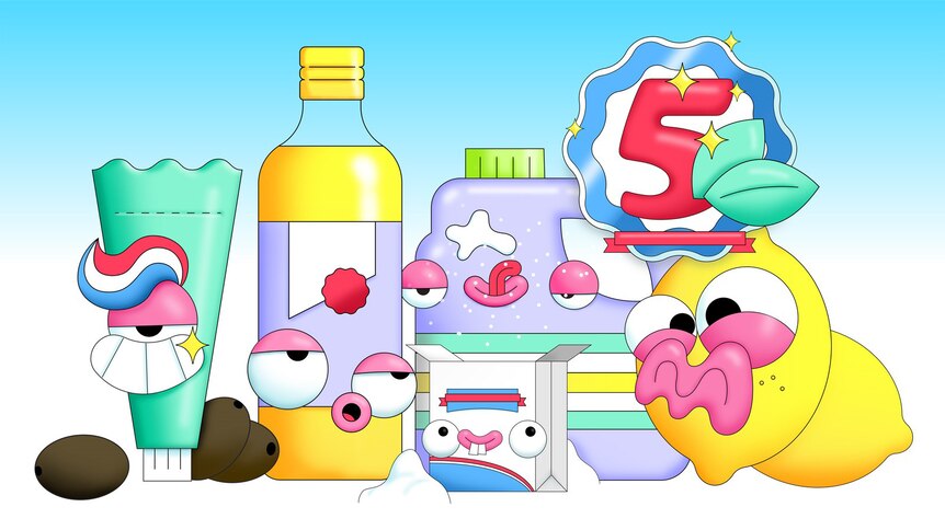 Illustration of toothpaste, oil, bicarb and lemon characters for story about cleaning products found in the pantry