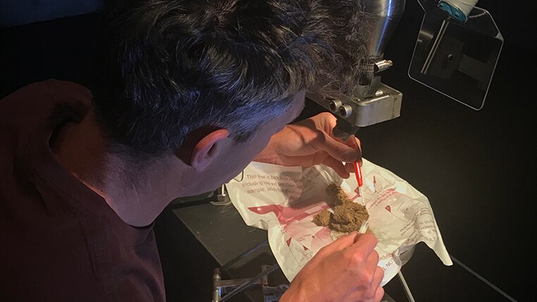 Ryk Goddard takes a sample from the discharge of MONA's Cloaca Professional art installation by Wim Delvoye.