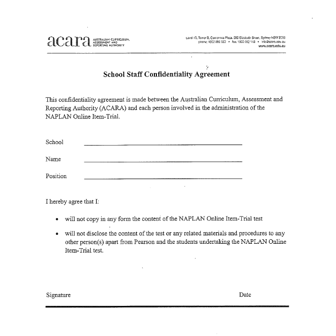 Copy of a written confidentiality agreement for teachers about NAPLAN trial testing