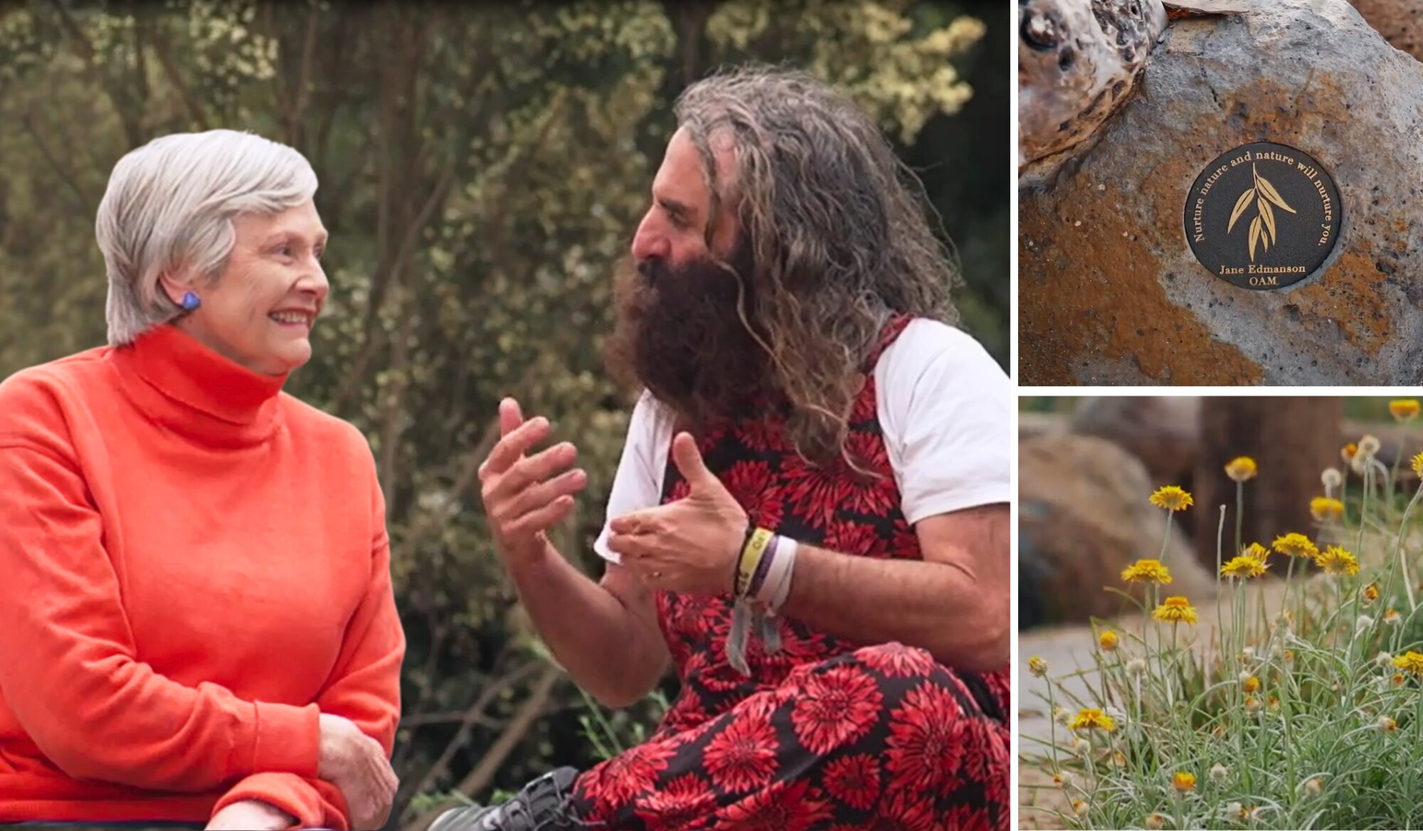 Two people sit talking in an outdoor setting. A rock with a plaque on it. Small yellow flowers