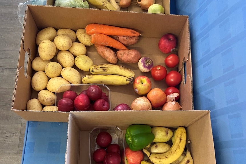 Fruit and vegetables in a cardboard box. 