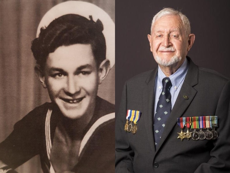 A composite of a man during his early years in the navy and later as a decorated veteran.