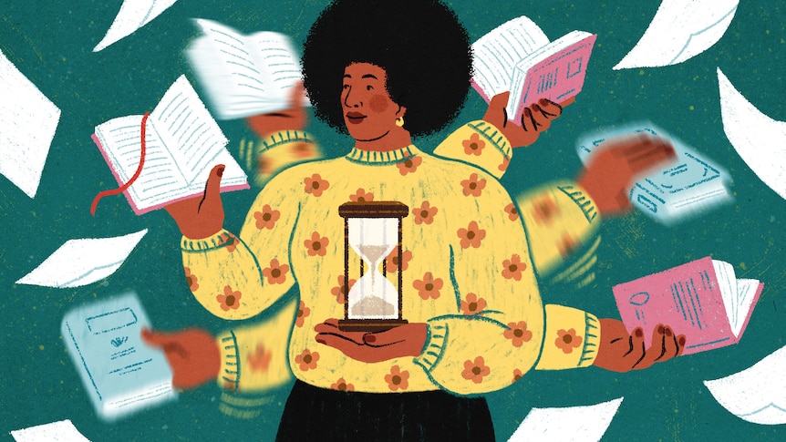 An illustration depicting a time-poor reader shows a woman holding an hourglass in one hand and a book in the other.