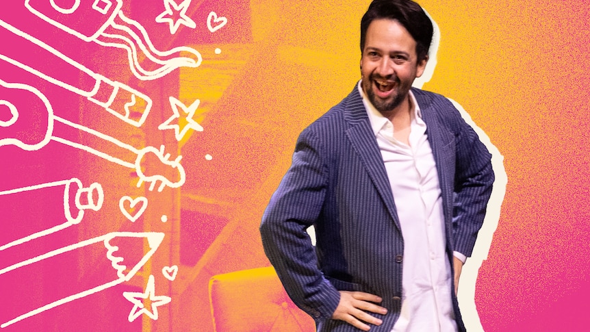 Hamilton's Lin-Manuel Miranda smiling with his hands on his hips, a pink background with pencil, guitar and brush icons.