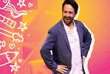 Hamilton's Lin-Manuel Miranda smiling with his hands on his hips, a pink background with pencil, guitar and brush icons.