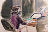 A courtroom sketch of a woman sitting at a desk