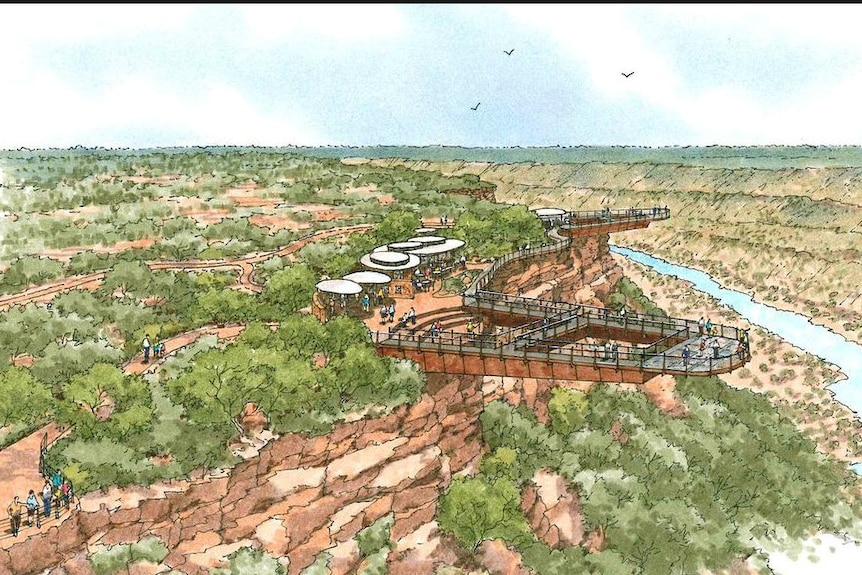 Drawing of a proposed skywalk above a gorge surrounded by low lying bush.