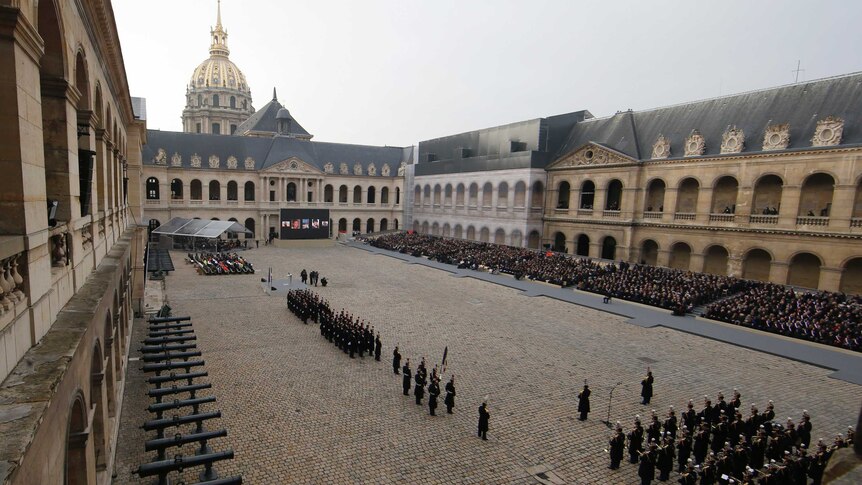 A view of the courtyard during the ceremony for the victims of the Paris attacks.
