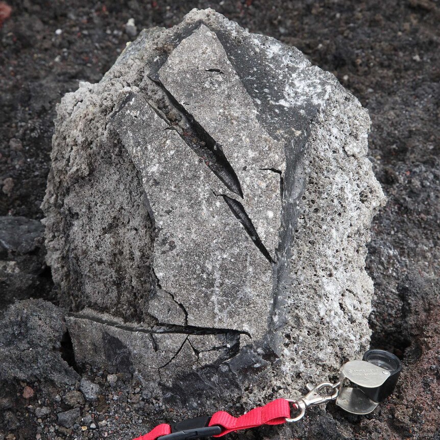A solidified lava bomb observed by Professor Richard Arculus at Anak Krakatau in Indonesia in 2013.