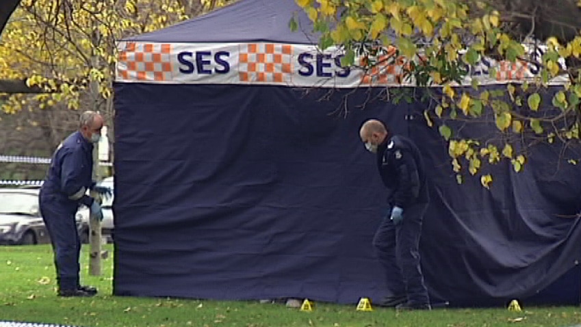 SES tent at the scene of the murder in Kings Domain.
