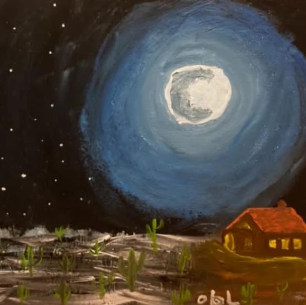 a painting of a black starlit sky and a huge moon over a desert with cactii and a hut. In a childlike naive style