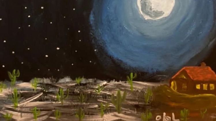 a painting of a black starlit sky and a huge moon over a desert with cactii and a hut. In a childlike naive style