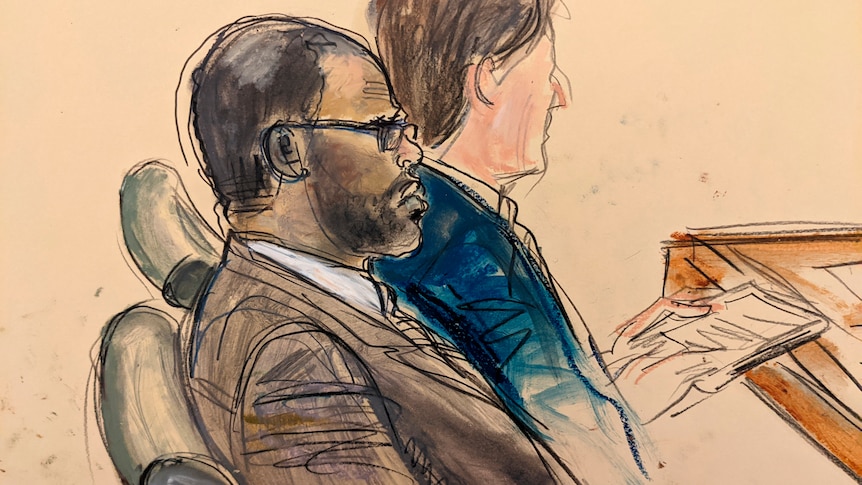 A courtroom artist's sketch of R Kelly wearing a suit and glasses.