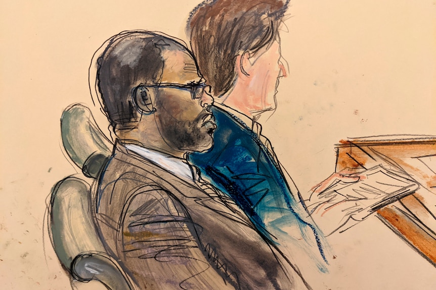 A courtroom artist's sketch of R Kelly wearing a suit and glasses.