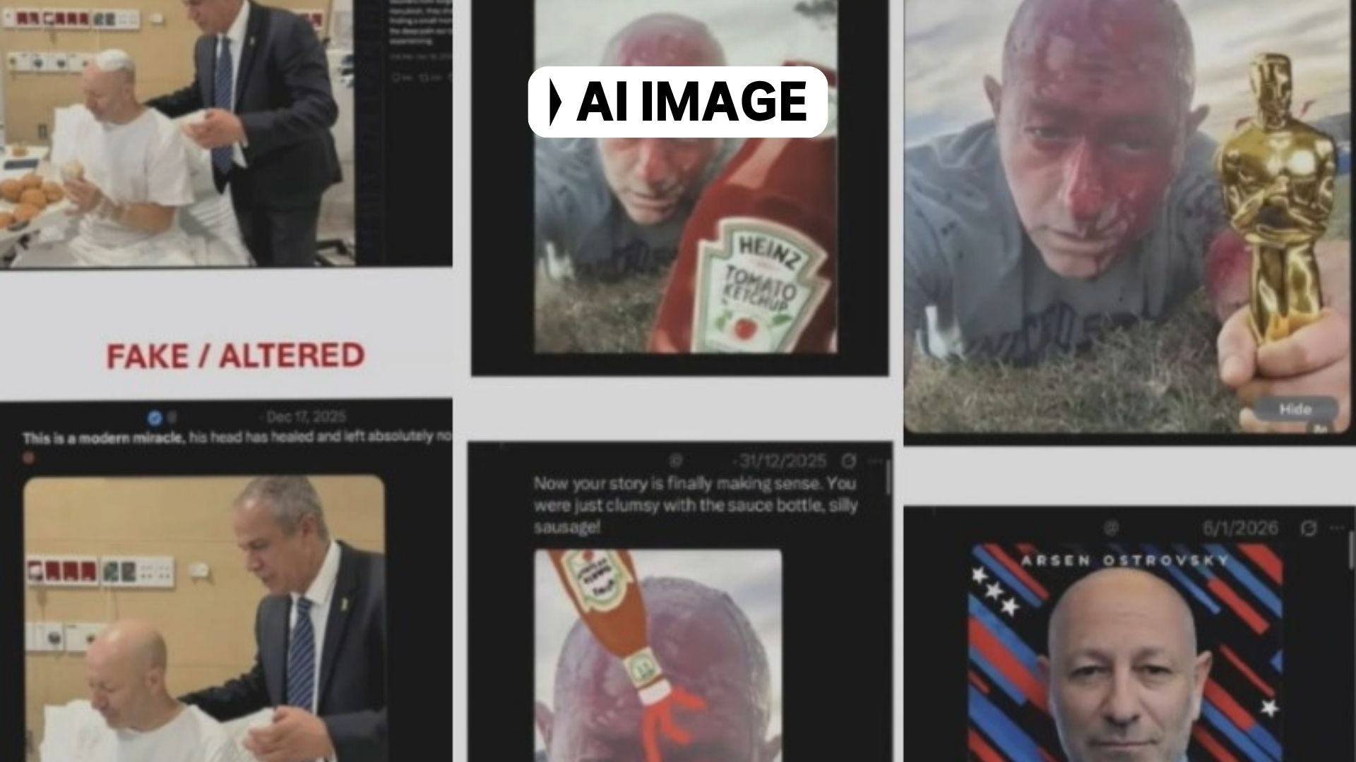 AI-generated image of man in hospital bandage on head and without, with bloody face with sauce bottle and Oscar