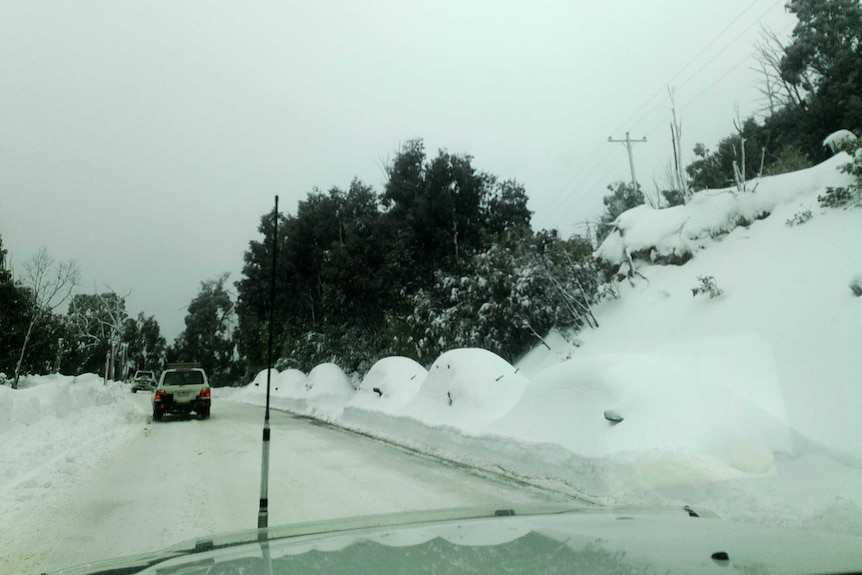 mounds of snow above cars along a road