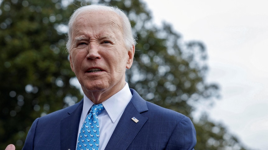 Image of Joe Biden talking, he is wearing a blue suit with a tie with tiny donkeys on it. Behind him are green leaves .