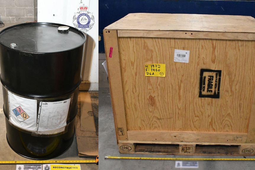 A composite image of a fuel drum standing next to a crate