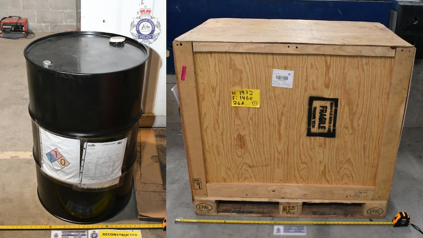 A composite image of a fuel drum standing next to a crate.