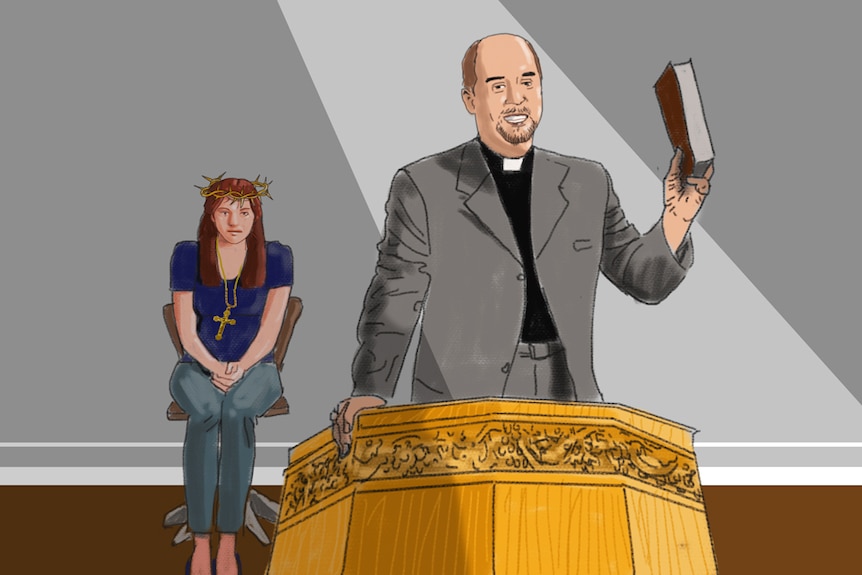 An illustration shows a priest speaking from a pulpit as a woman watches on behind him.