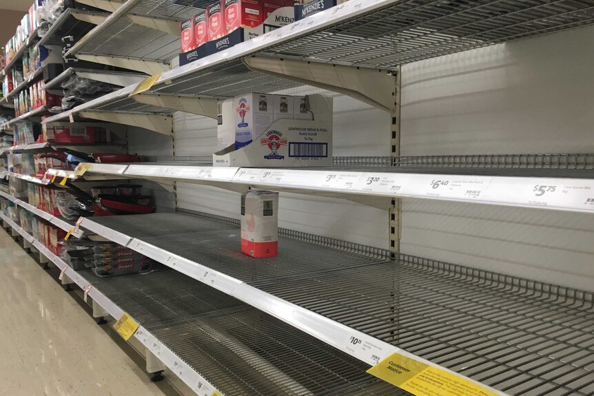 rows of supermarket shelves have been emptied of flour