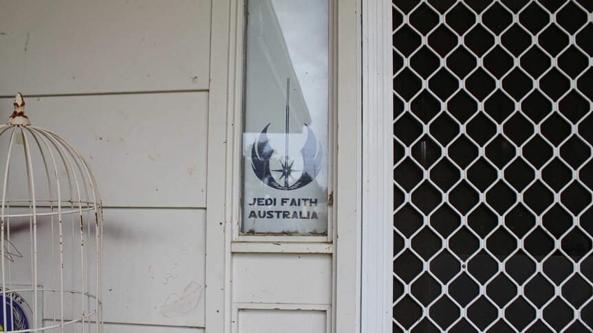 Jedi Faith Australia sign and logo in the window of Peter Lee's house in Lithgow