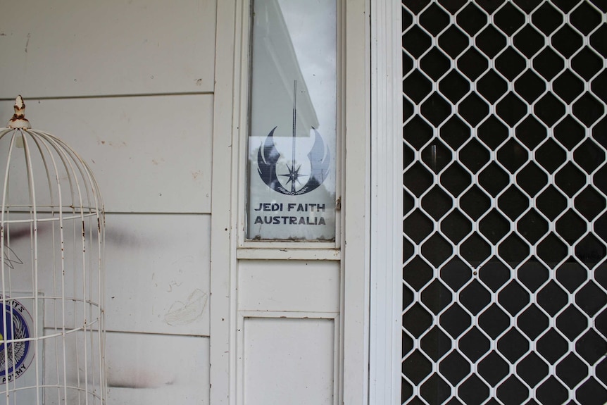 Jedi Faith Australia sign and logo in the window of Peter Lee's house in Lithgow