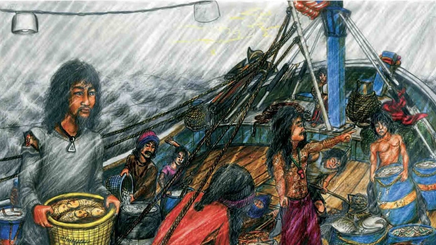 A drawing of men on a fishing boat, from the graphic novel The Dead Eye and the Deep Blue Sea.