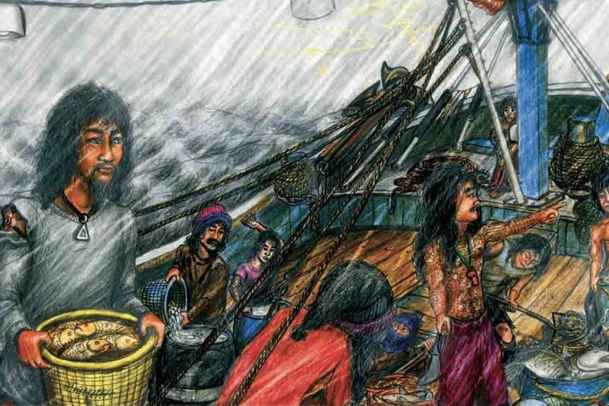 A drawing of men on a fishing boat, from the graphic novel The Dead Eye and the Deep Blue Sea.