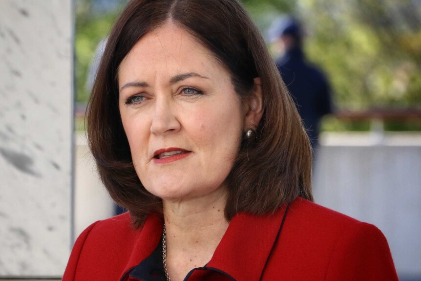 Sarah henderson wears a red blazer and speaks to reporters in Canberra