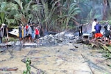 Villagers examine the wreckage of a Trans Air jet that crashed on Misima Island.