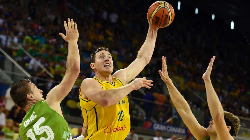 Aron Baynes takes a shot for Australia