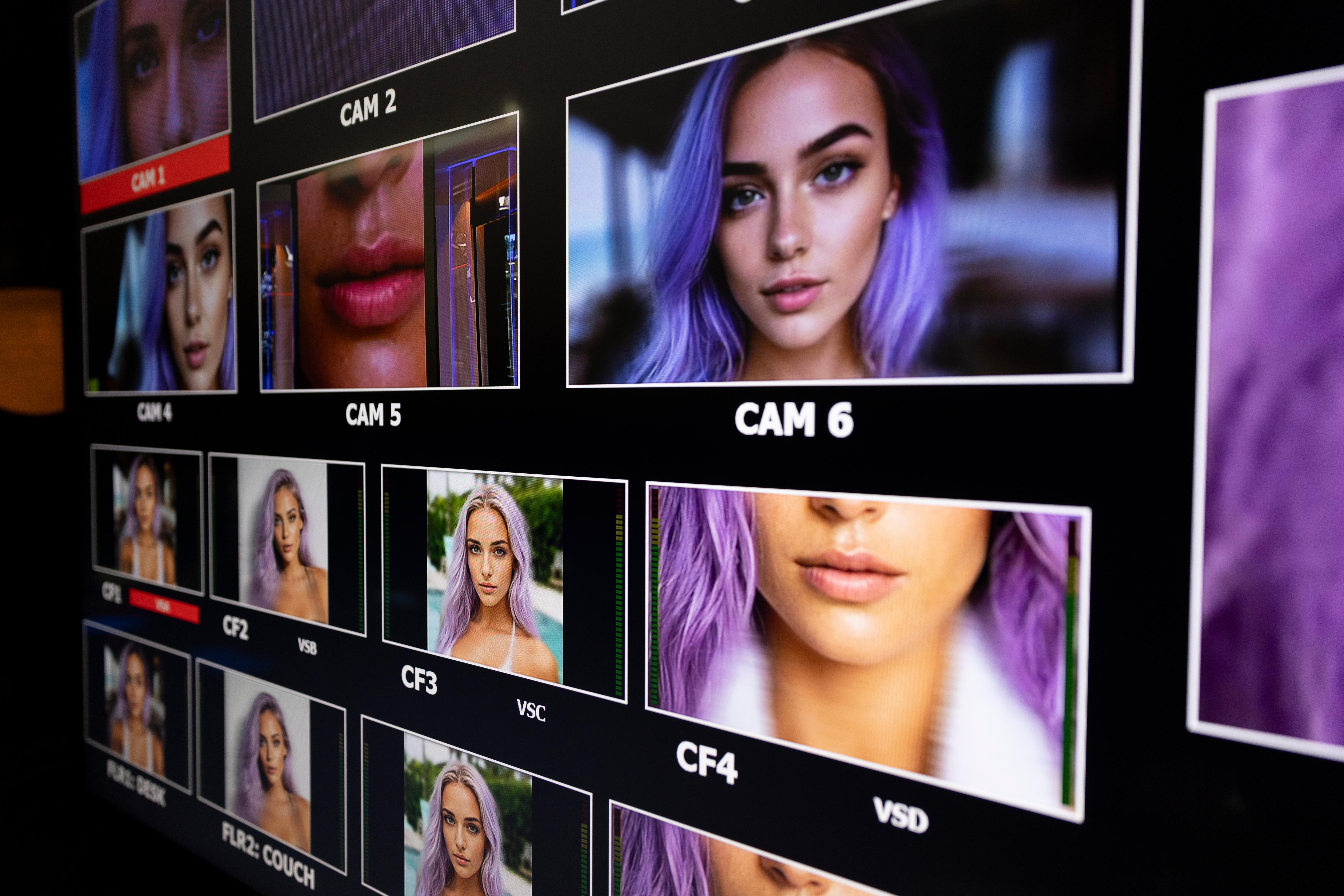 Multiple images of a purple-haired AI-generated character called Margot Monet.