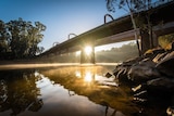 A wide shot of the Echuca Moama bridge at Sunset, the bright light reflects off the water and bridge is in shadown