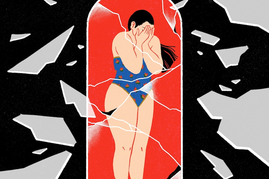 Illustration of woman standing in archway of a smashed mirror, with glass shards flying everywhere. Her hands cover her face.