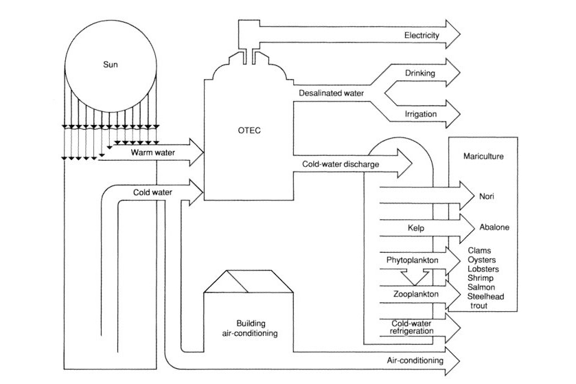 A diagram showing what ocean thermal energy conversion plants can produce, such as electricity and air conditioning