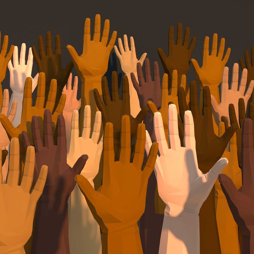 Digital generated image of multi-ethnic arms raised in the air on dark grey background.